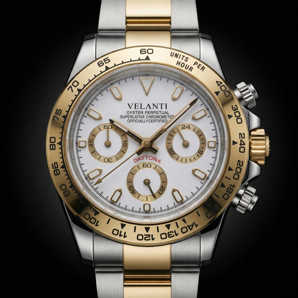 Daytona-style custom chronograph watch, Velanti Milano Veltona Silver Gold (White), product photo 3