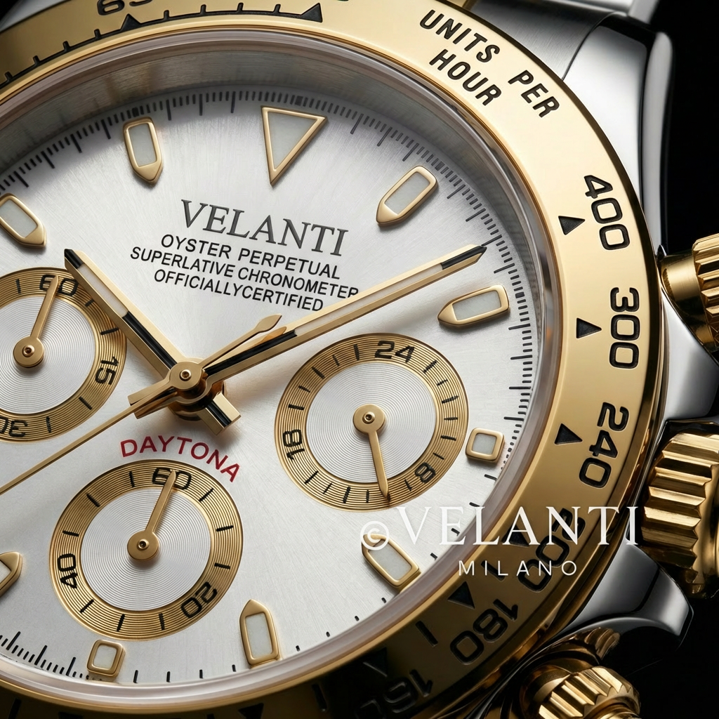 Daytona-style custom chronograph watch, Velanti Milano Veltona Silver Gold (White), product photo 4