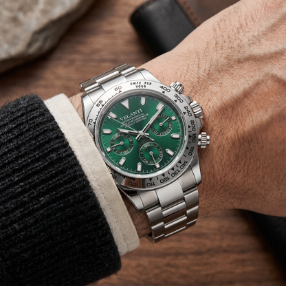 Daytona-style custom chronograph watch, Velanti Milano Veltona Silver Green, product photo 6