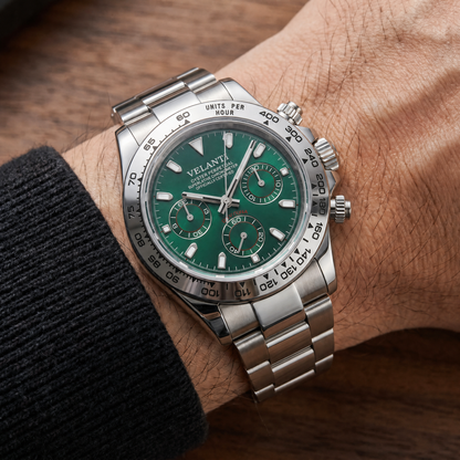 Daytona-style custom chronograph watch, Velanti Milano Veltona Silver Green worn on wrist