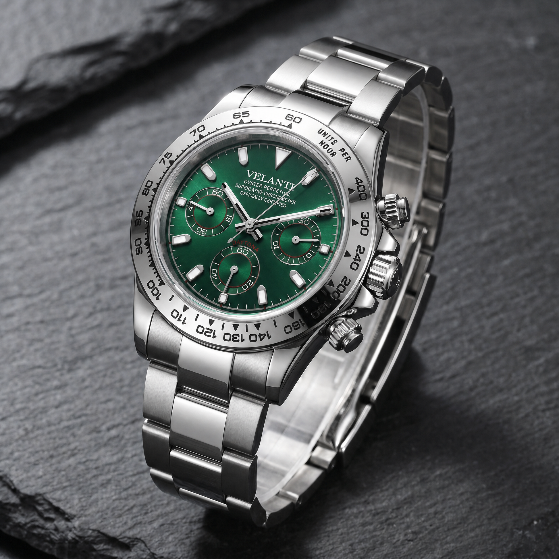 Daytona-style custom chronograph watch, Velanti Milano Veltona Silver Green, bracelet detail photo