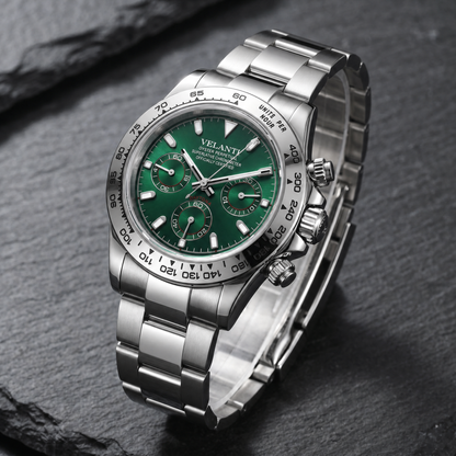 Daytona-style custom chronograph watch, Velanti Milano Veltona Silver Green, bracelet detail photo