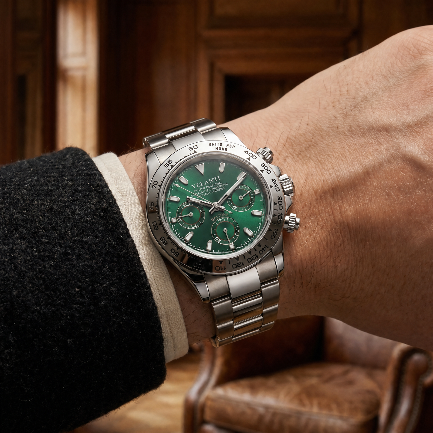 Daytona-style custom chronograph watch, Velanti Milano Veltona Silver Green, product photo 9