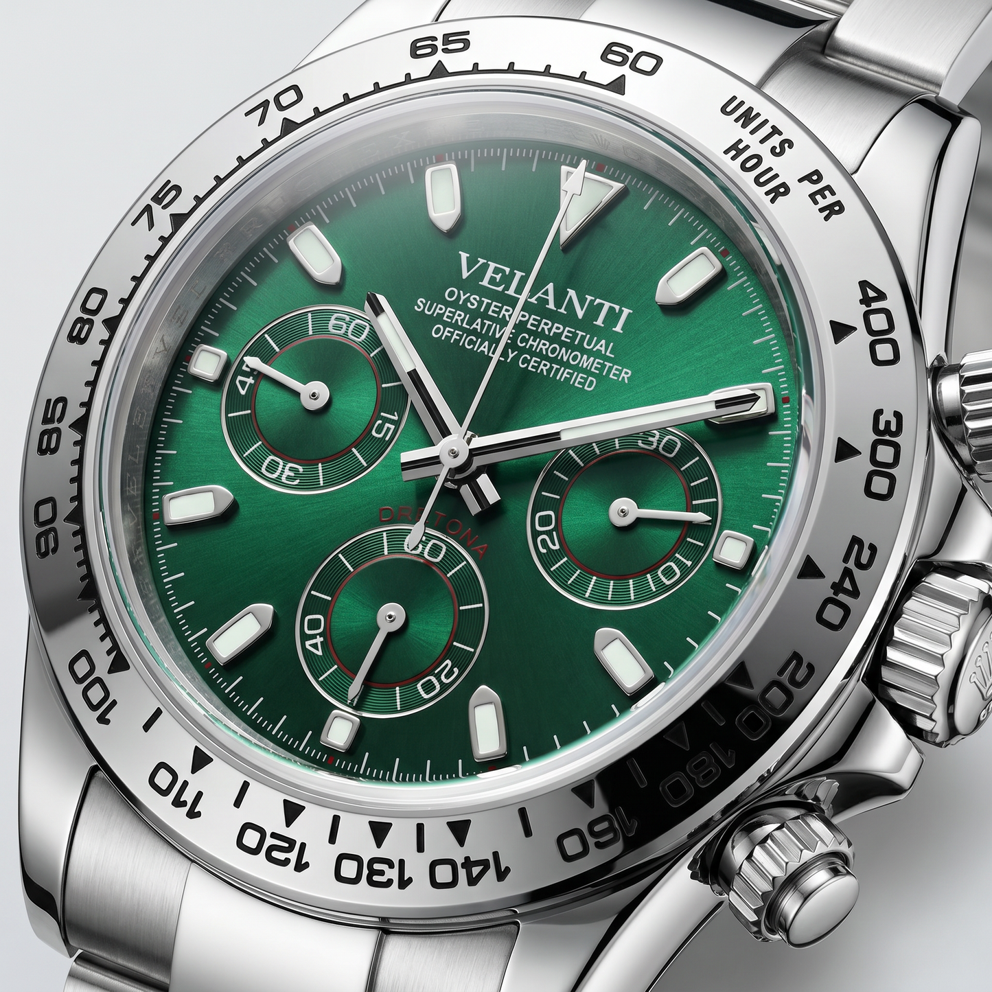 Daytona-style custom chronograph watch, Velanti Milano Veltona Silver Green, product photo 3