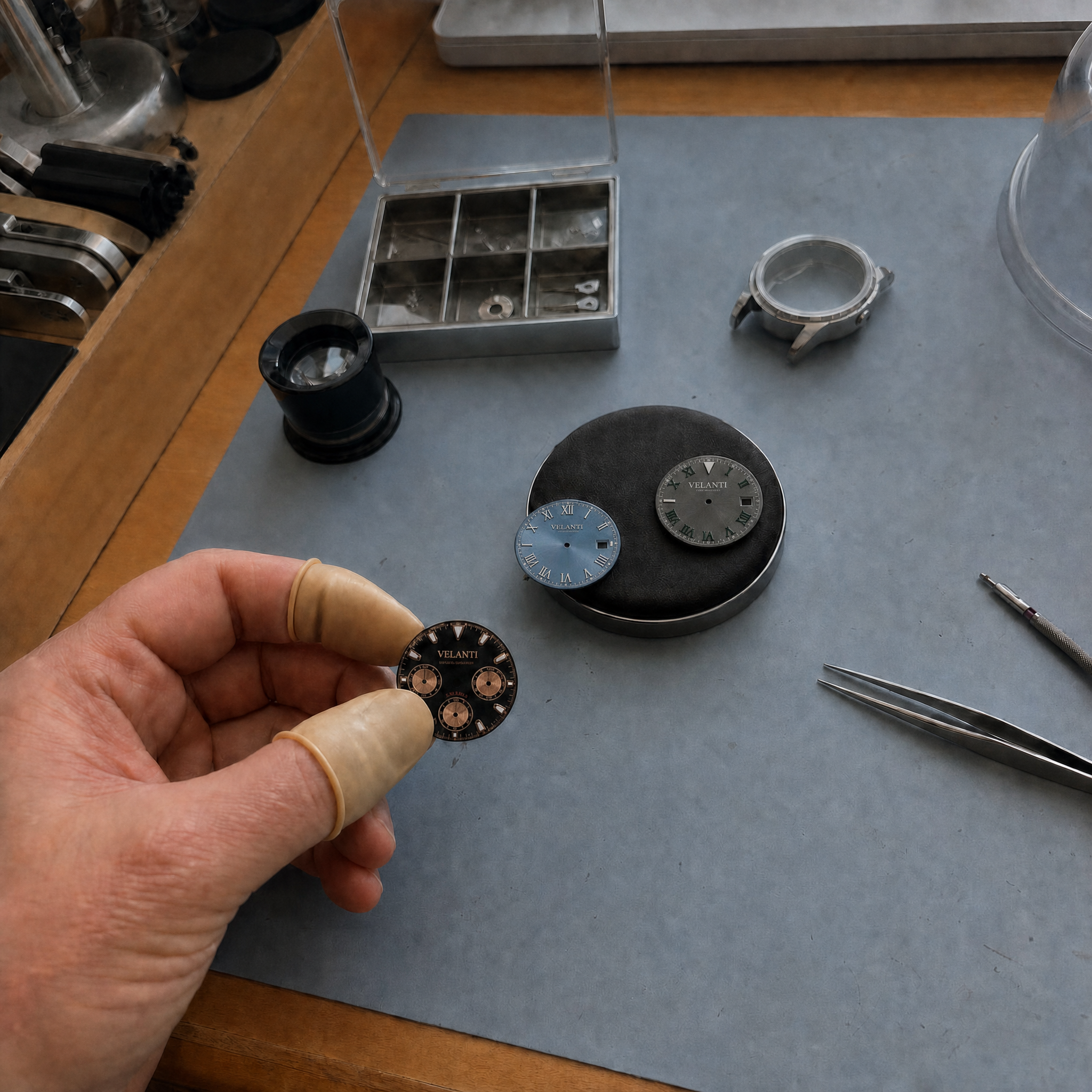Velanti Custom Atelier workshop with watch dials